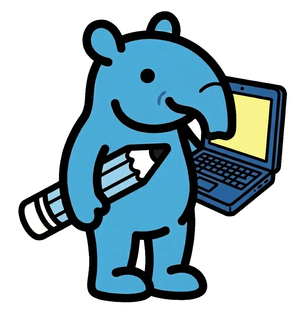 Tapirio mascot working on a laptop